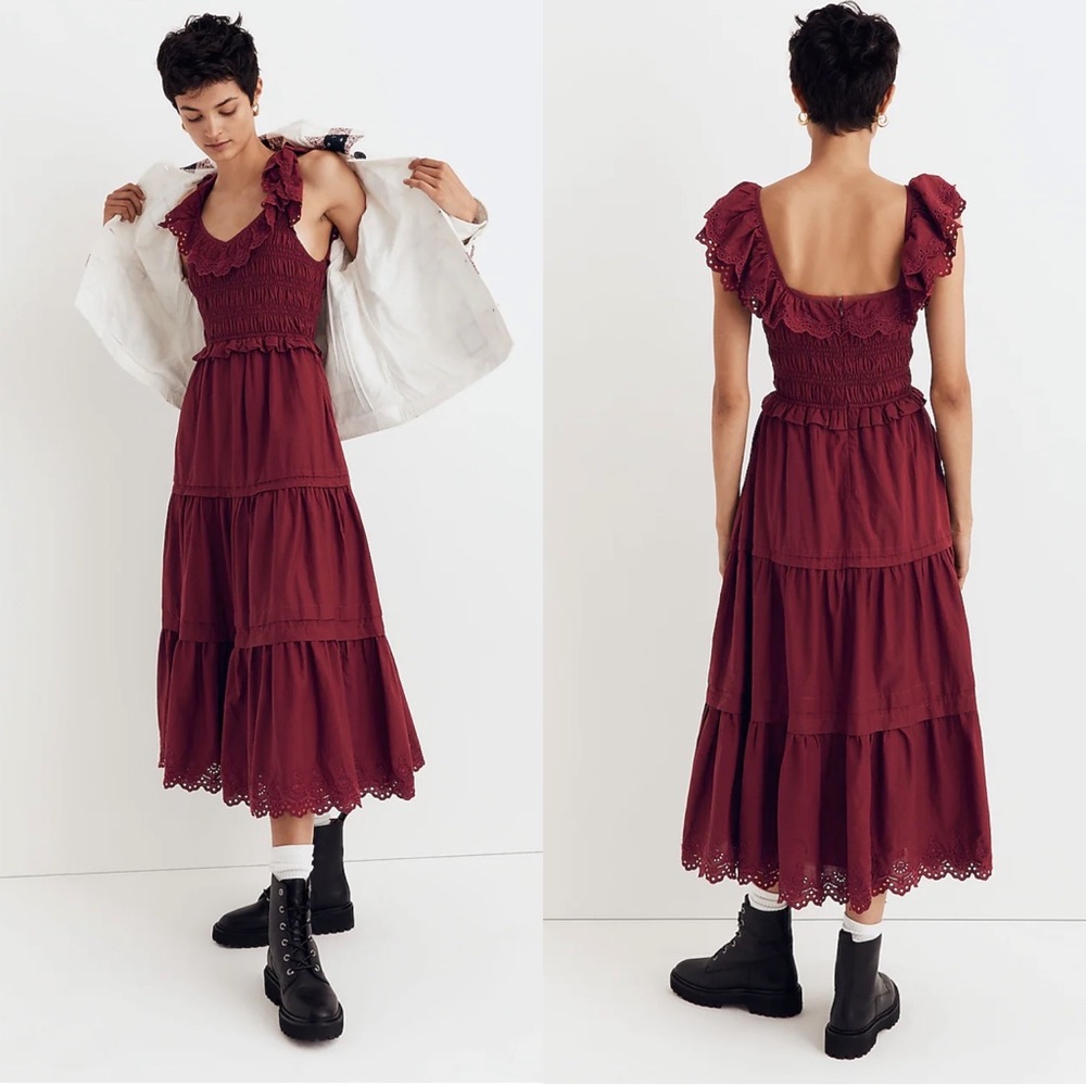 Madewell Burgundy Tiered Midi Dress